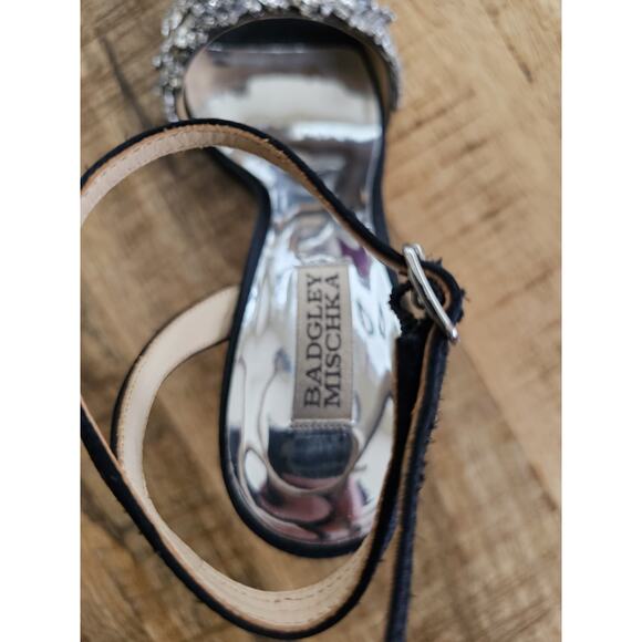 Badgley Mischka Rider Stiletto Heels Women's Size 7 Strappy Black Satin Crystals - Picture 2 of 16